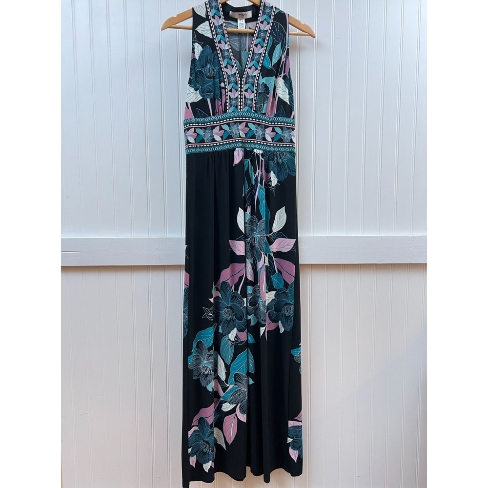 Wisp Maxi Dress Fairy Witchy Whimsigoth Black Floral V-Neck Sleeveless Womens 4p